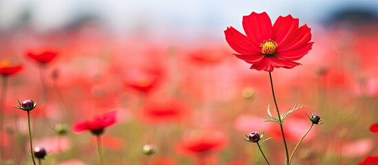Focus on a single red cosmos flower in a field with a colorful blurred background in an image with copy space