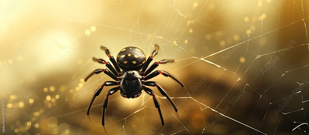 Poster spider on cobweb with a blurred background creating copy space image