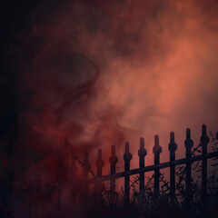 Dark Halloween Scene, Blurred Graveyard Fence and Eerie Mist with Copyspace