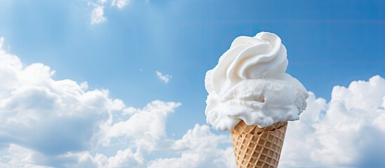 A scoop of vanilla ice cream on a cone with a clear blue sky in the background providing a perfect...