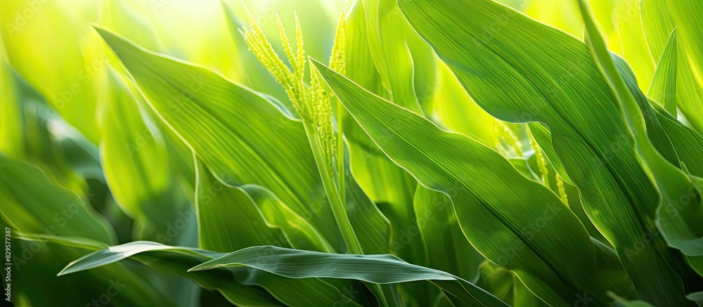 Sticker detailed close up image of green maize leaves in a natural setting with ample copy space image