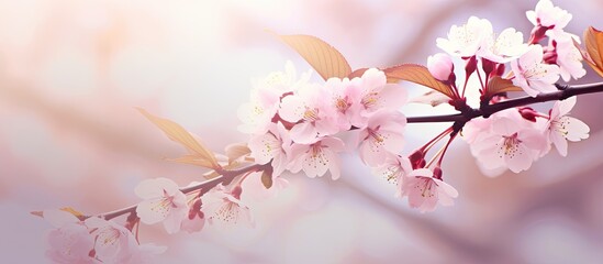 Cherry blossoms on tree branches in nature with selective focus creating a beautiful copy space image