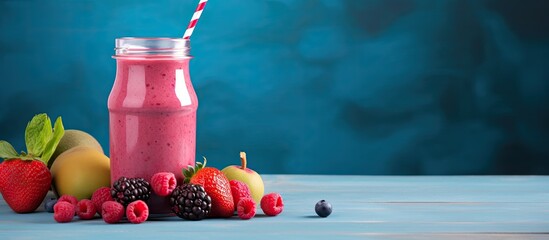 Colorful fruity smoothie with gooseberry and raspberry on a blue table with copy space image