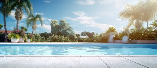 A pristine swimming pool with a lovely copy space image for poolside gatherings and relaxation