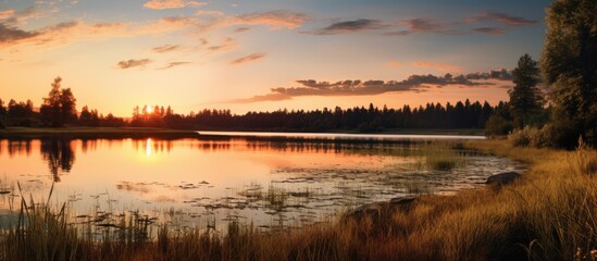 Obraz premium Sunset reflecting in a yard s lake providing a serene copy space image