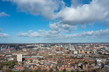 Naklejka premium Aerial photo of the British town of Leeds in West Yorkshire UK, showing the Leeds City Centre taken with with a drone on a bright sunny day in the town of Holbeck near to the centre.