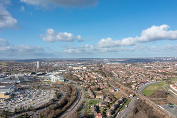 Aerial photo of the British town of Leeds in West Yorkshire UK, showing the Leeds City Centre taken...