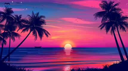 Tropical beach sunset, palm trees silhouette, colorful sky reflection. Paradise beach scene with vibrant sunset hues and calm ocean.