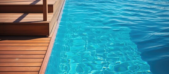 Hotel swimming pool with stairs wooden deck and inviting copy space image