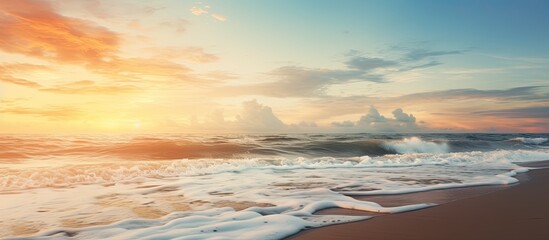 Obraz premium Soft tilt shift effect enhances beach at sunset creating picturesque copy space image