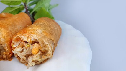 Golden brown deep fried spring roll, cut showing the filling insert, served in a white plate, easy to find in Thailand, local food, business concept