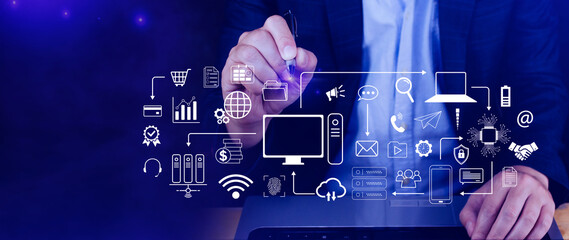 Businessman using technology equipment and line interface icons, Computer system resources and data storage, Cloud service technology marketing and business concept.