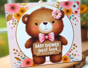 Teddy bear-themed baby shower guest book with floral decorations, perfect for a baby girl.