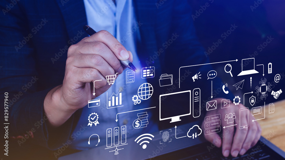 Wall mural businessman using technology equipment and line interface icons, computer system resources and data 