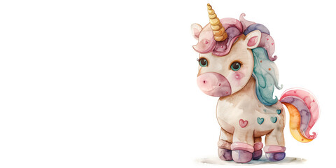 Obraz premium A fabulous unicorn, a children's toy. Watercolor illustration on a white background, an empty space for text.
