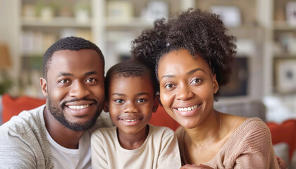 Obraz premium A family posing for a photo in their cozy living room, smiling and cherishing happy moments