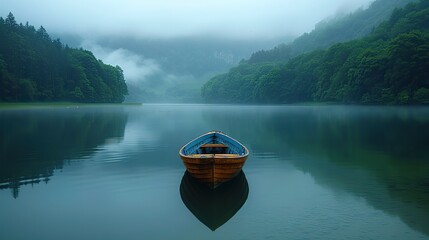 A lone boat drifting on a tranquil lake, its silhouette mirrored in the still waters below.