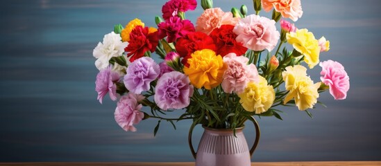 A stunning arrangement of multicolored carnation blooms in a vase displayed on a table serving as a lovely home decor with a vertical copy space image for wallpapers and backgrounds
