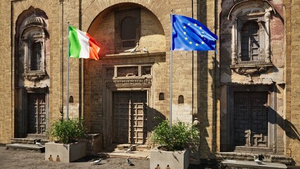 Parete storica con bandiera Italia e bandiera Unione Europea al vento