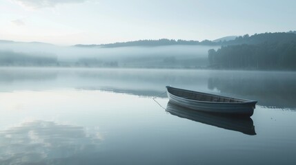 Breathtaking lake view with a drifting boat, misty morning atmosphere.