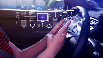 Businessman using technology equipment and line interface icons, Computer system resources and data storage, Cloud service technology marketing and business concept.