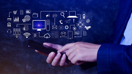 Businessman using technology equipment and line interface icons, Computer system resources and data storage, Cloud service technology marketing and business concept.