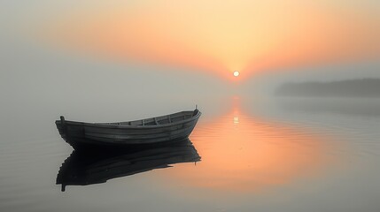 A lone boat floating on a calm lake, its silhouette mirrored in the still waters below.