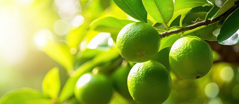 Ripe green limes on a tree have an acidic taste and are very sour commonly used in sauce recipes due to their freshness and high vitamin C content Includes a copy space image