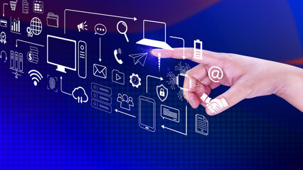 Businessman using technology equipment and line interface icons, Computer system resources and data storage, Cloud service technology marketing and business concept.