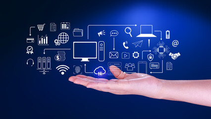 Businessman using technology equipment and line interface icons, Computer system resources and data storage, Cloud service technology marketing and business concept.