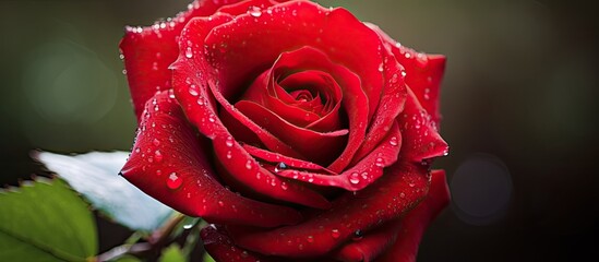 Red rose with a dewdrop providing a serene and beautiful image with copy space for additional content