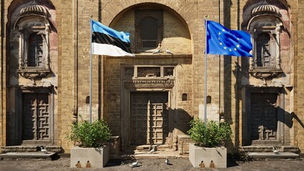 Parete storica con bandiera Estonia e bandiera Unione Europea al vento