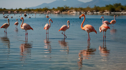 Group of flamingo birds walking around the blue lagoon on a sunny day