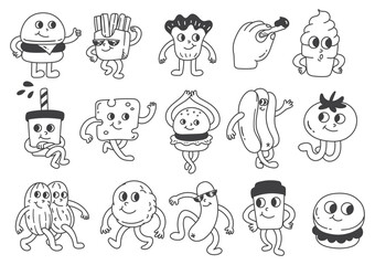 Cartoon Fast Food Characters Collection Doodle Line Art