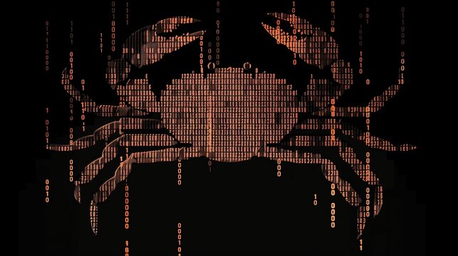 Rust programming language concept, featuring a crab silhouette composed of intricate binary code, symbolizing the blend of nature and technology in modern programming.
