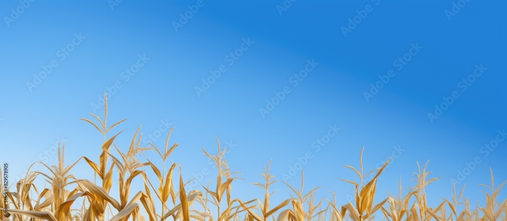 Sticker Field of cornstalks under a clear blue sky with room for text or logos in the background in a copy space image