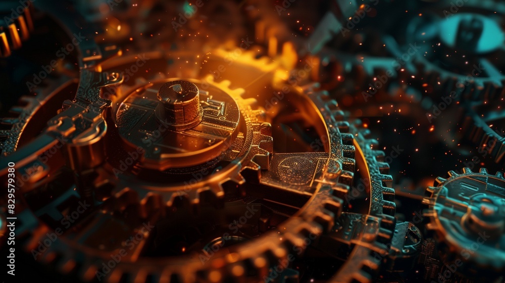 Poster the rust programming language concept, featuring dark, rusty interlocking gears illuminated by vibra