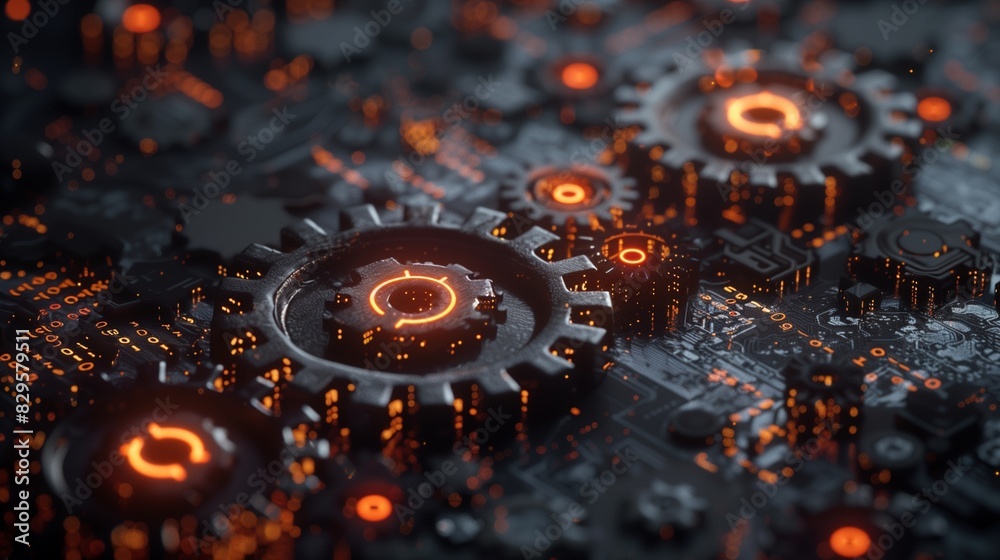 Poster the rust programming language concept, featuring dark, rusty interlocking gears illuminated by vibra