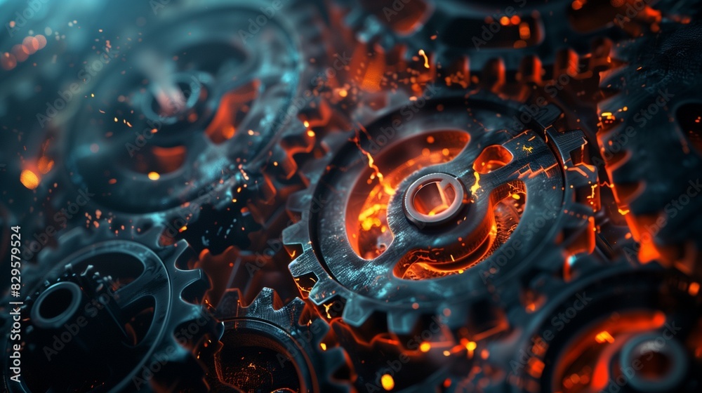 Poster the rust programming language concept, featuring dark, rusty interlocking gears illuminated by vibra
