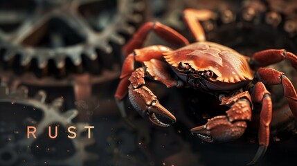 A vibrant crab perched on a background of gears, symbolizing the Rust programming language and its focus on safety, concurrency, and performance in systems programming.