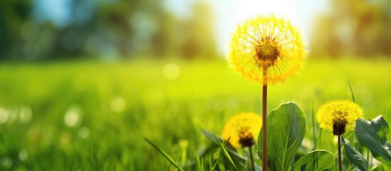 A bright yellow dandelion blooms with a sunny yellow flower on a green background in a natural setting ideal for a copy space image - Powered by Adobe