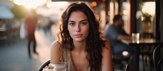 A young brunette woman with a cold drink seated at a street cafe with a peaceful expression on her...