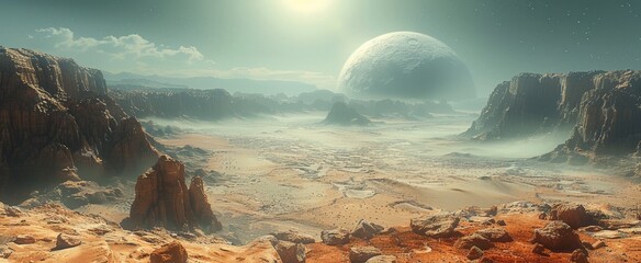 Alien landscape with towering cliffs, vast desert, and a large moon looming over the horizon under a starry sky.