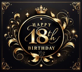 Elegant Black and Gold 18th Birthday Card with Crown and Flourishes for Milestone Party Invitations