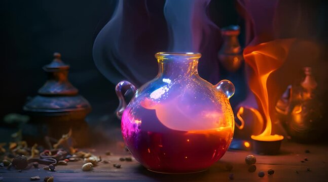 magic potion boils in the pot on halloween