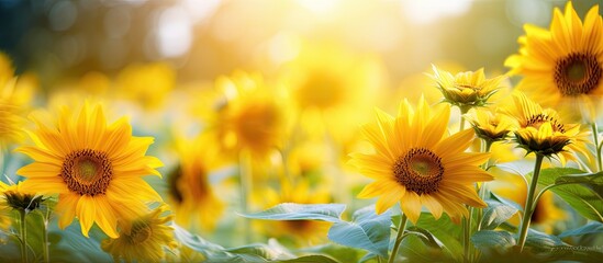 Sunny sunflowers in a summer garden with copy space image
