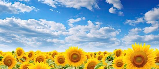 Field of sunflowers on a scorching summer day with a beautiful sky perfect for a copy space image