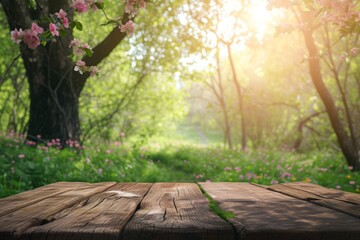 An empty wooden table in springtime in sunny rays.