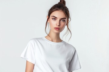 A young woman in a white t shirt on a white background.