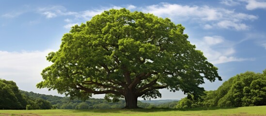 A large tree with lush green leaves in spring set against a natural backdrop with room for text or other images known as a copy space image
